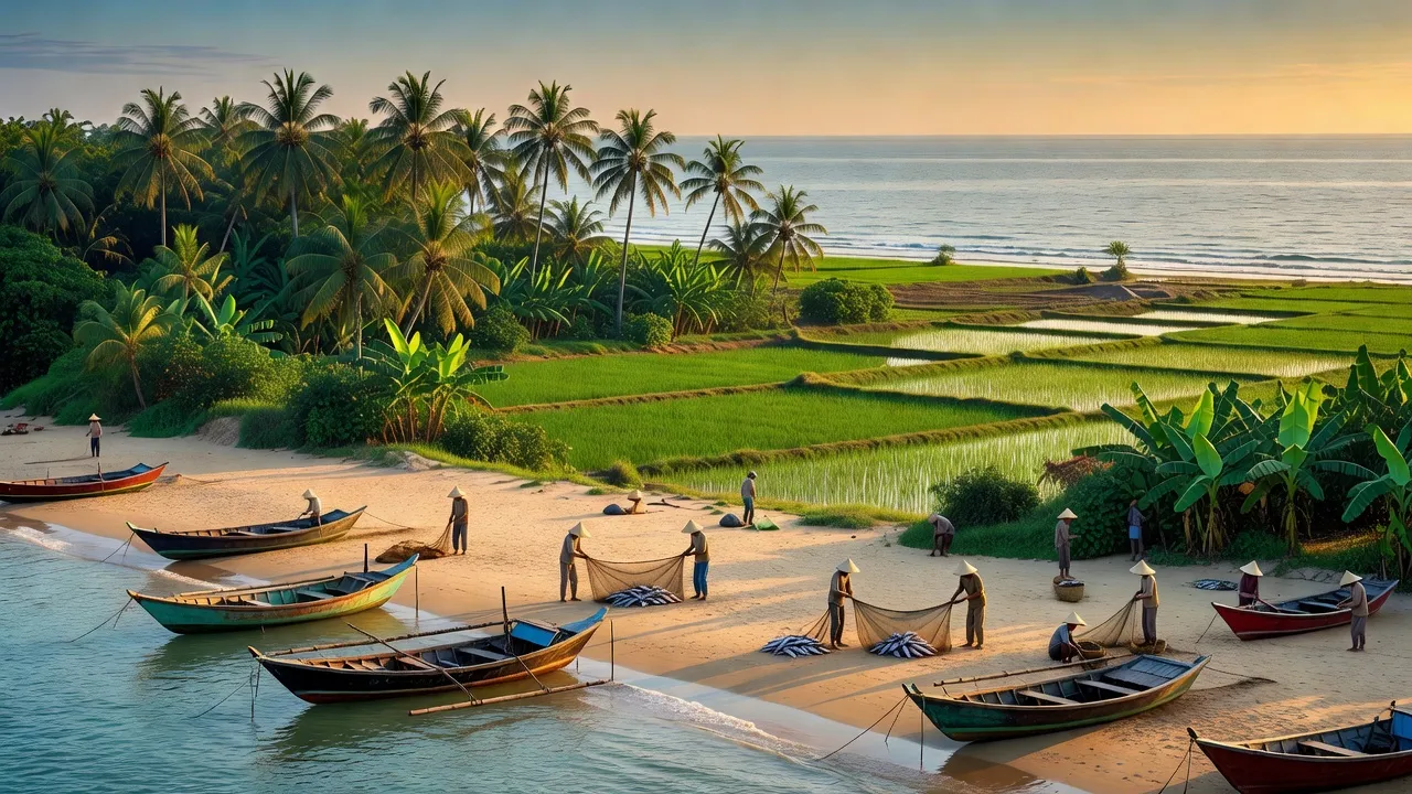Khung cảnh huyện Hoằng Hóa, Thanh Hóa với bờ biển đẹp và hoạt động đánh bắt thủy sản.