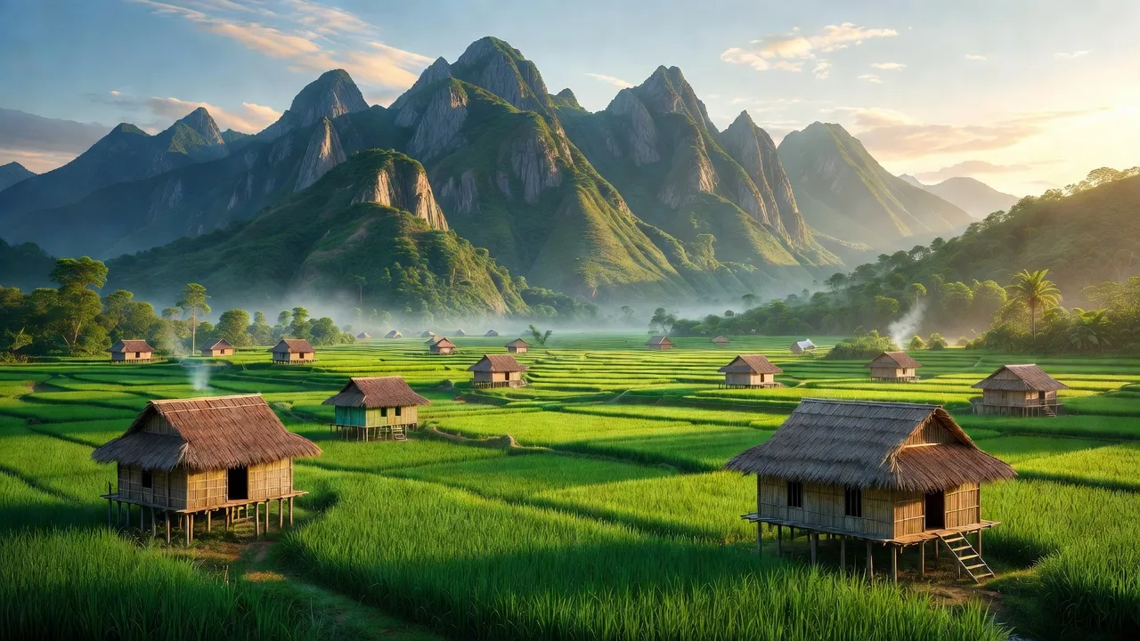 Phong cảnh huyện Lang Chánh tỉnh Thanh Hóa với đồi núi, cánh đồng và ngôi nhà dân tộc thiểu số.
