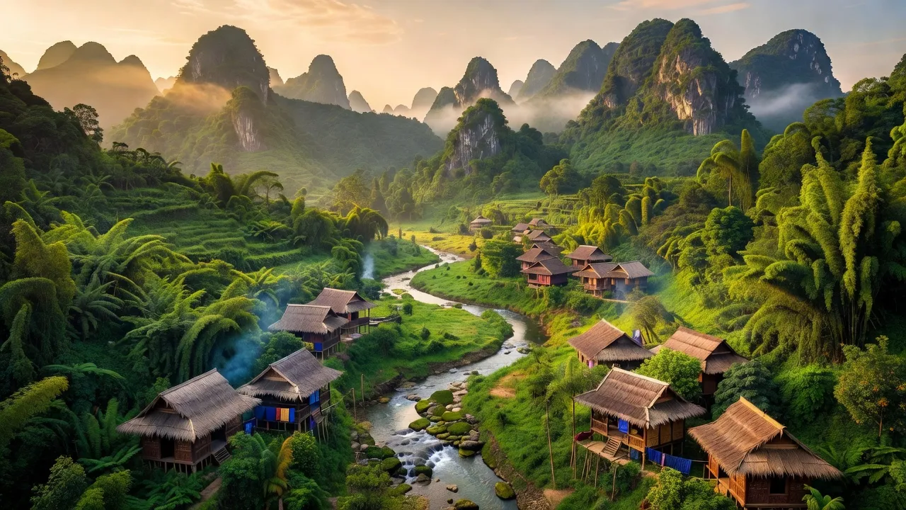 Cảnh quan huyện Mường Lát, Thanh Hóa với núi cao, rừng xanh và dòng suối, địa lý đa dạng.