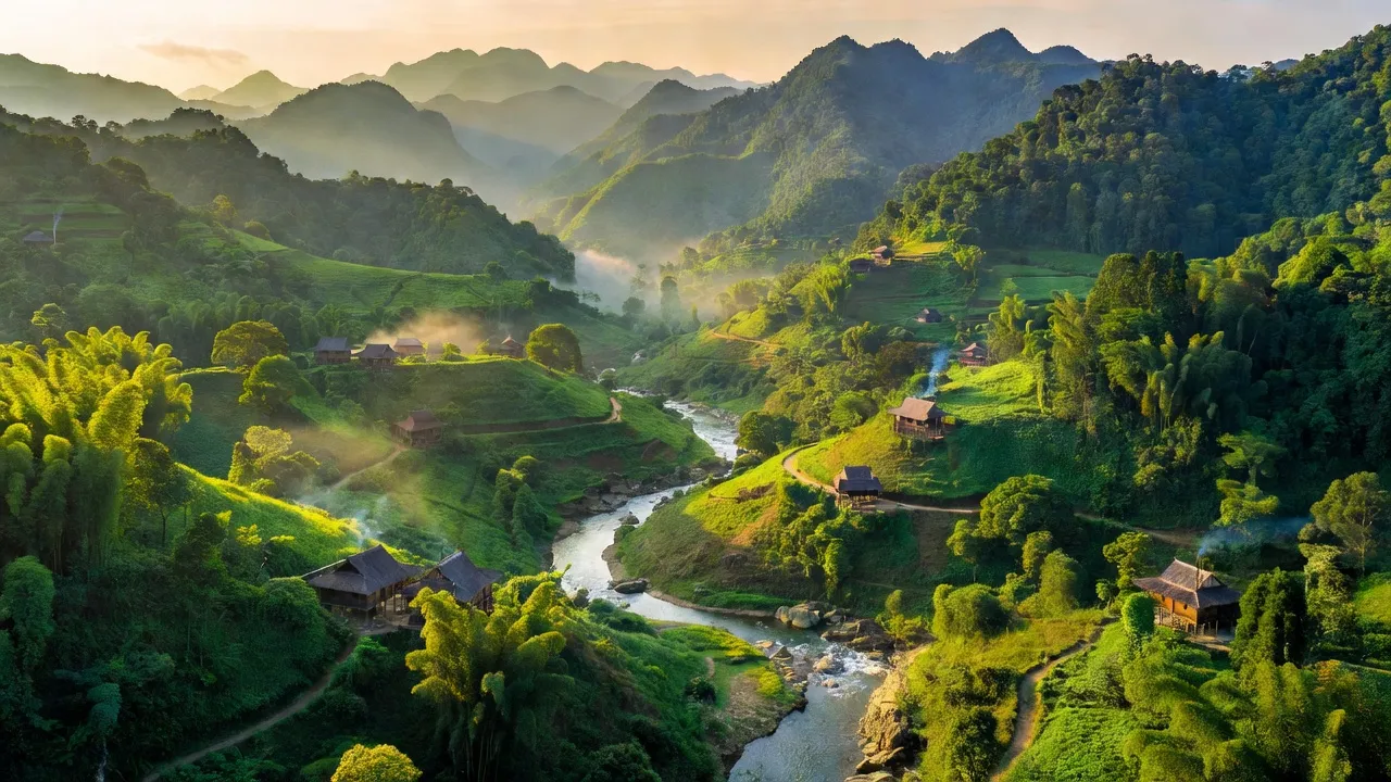 Địa hình núi non và cảnh đẹp huyện Mường Lát, Thanh Hóa với các bản làng dân tộc thiểu số.