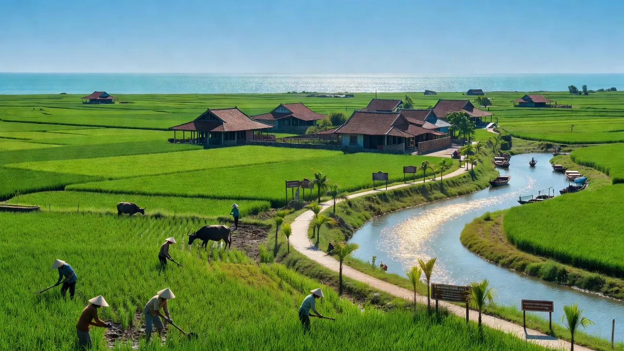 Cảnh đẹp huyện Nga Sơn với cánh đồng xanh, nhà truyền thống và bờ biển Thanh Hóa.