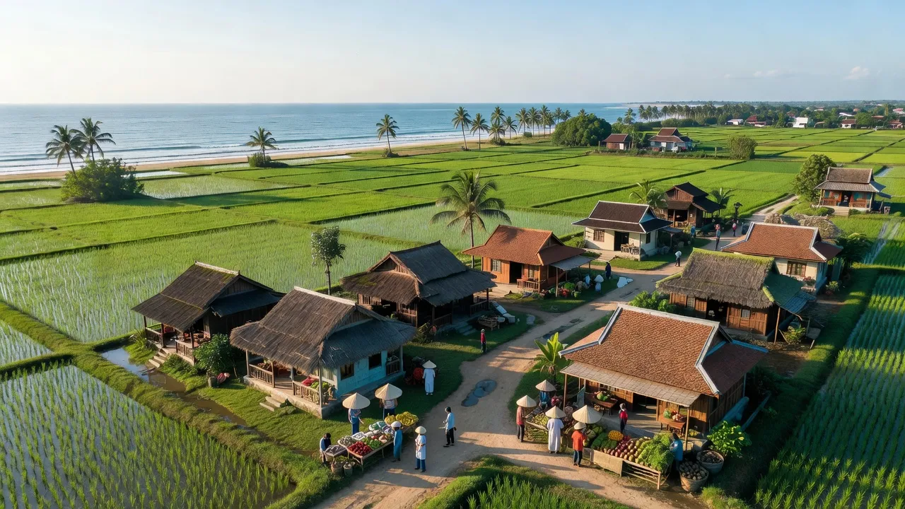 Khung cảnh huyện Nga Sơn, tỉnh Thanh Hóa với bờ biển và làng quê xanh tươi, phù hợp du lịch.
