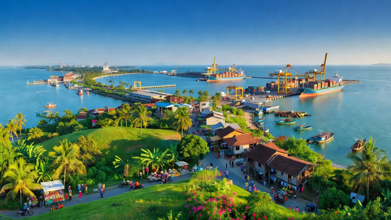 Quang cảnh thị xã Nghi Sơn, tỉnh Thanh Hóa với cảng biển và thiên nhiên tươi đẹp, phát triển kinh tế địa phương.