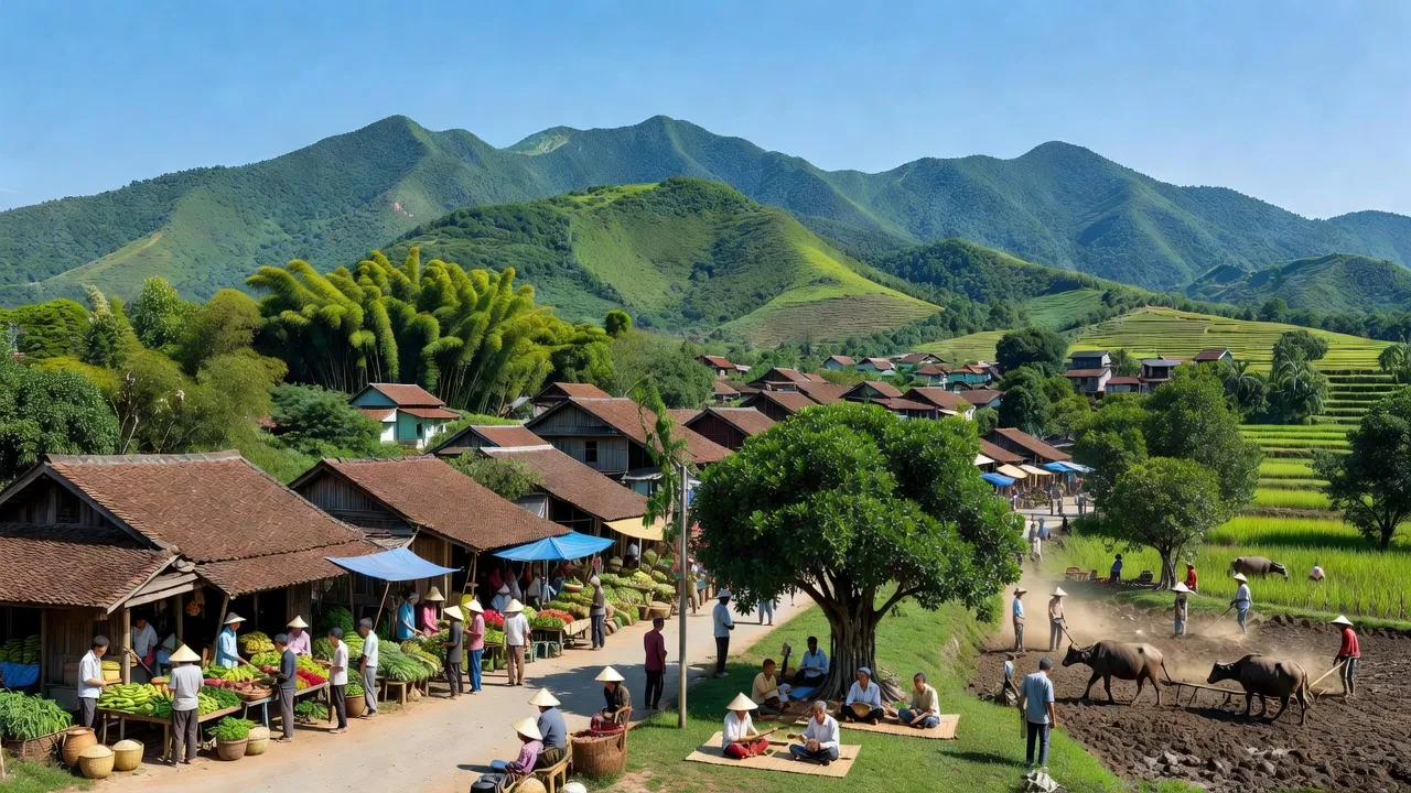 Quang cảnh huyện Ngọc Lặc, Thanh Hóa với núi non xanh mướt và hoạt động văn hóa địa phương.