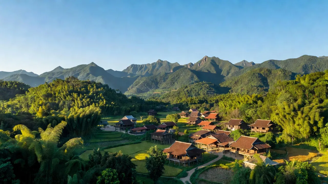 Khung cảnh huyện Như Thanh, Thanh Hóa: núi non hùng vĩ, rừng cây xanh tươi, và làng truyền thống.