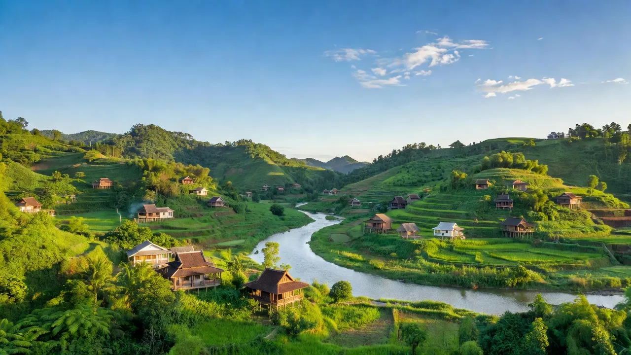 Khung cảnh huyện Như Thanh, Thanh Hóa với đồi núi xanh, sông uốn lượn và nhà dân tộc đa dạng.