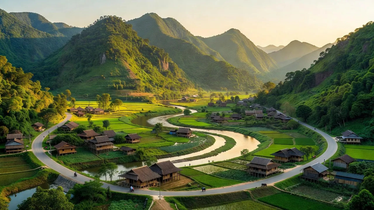 Khung cảnh huyện Như Xuân, Thanh Hóa với núi xanh, sông uốn khúc và làng quê truyền thống.