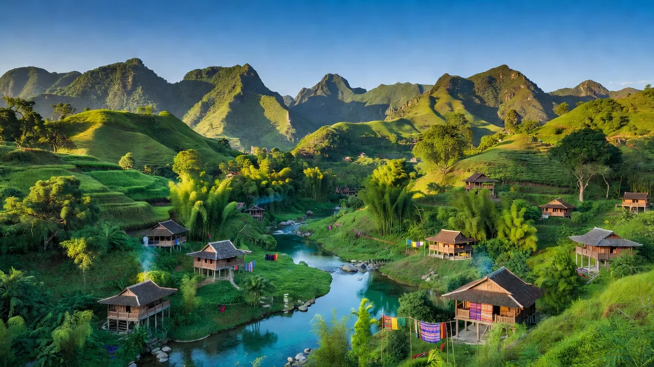 Cảnh đẹp huyện Quan Hóa, tỉnh Thanh Hóa với núi xanh, sông suối và bầu trời trong.