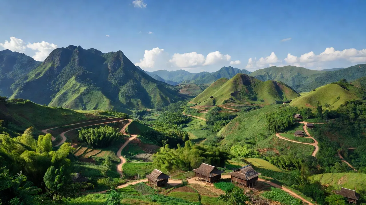 Khung cảnh huyện Quan Sơn, tỉnh Thanh Hóa với núi non hùng vĩ, thiên nhiên hoang sơ và nhà sàn truyền thống.