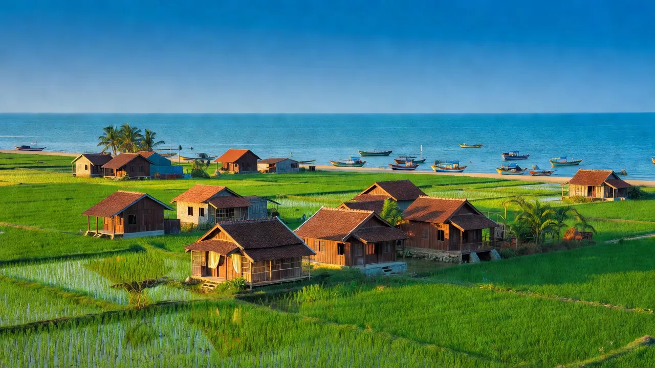 Quảng Xương, Thanh Hóa với cánh đồng xanh, nhà truyền thống và bầu trời xanh trong.