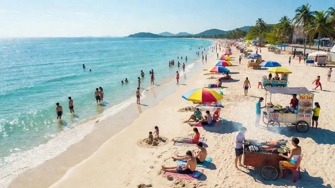Bãi biển Sầm Sơn, Thanh Hóa với cát trắng, biển xanh và hoạt động du lịch sôi nổi.