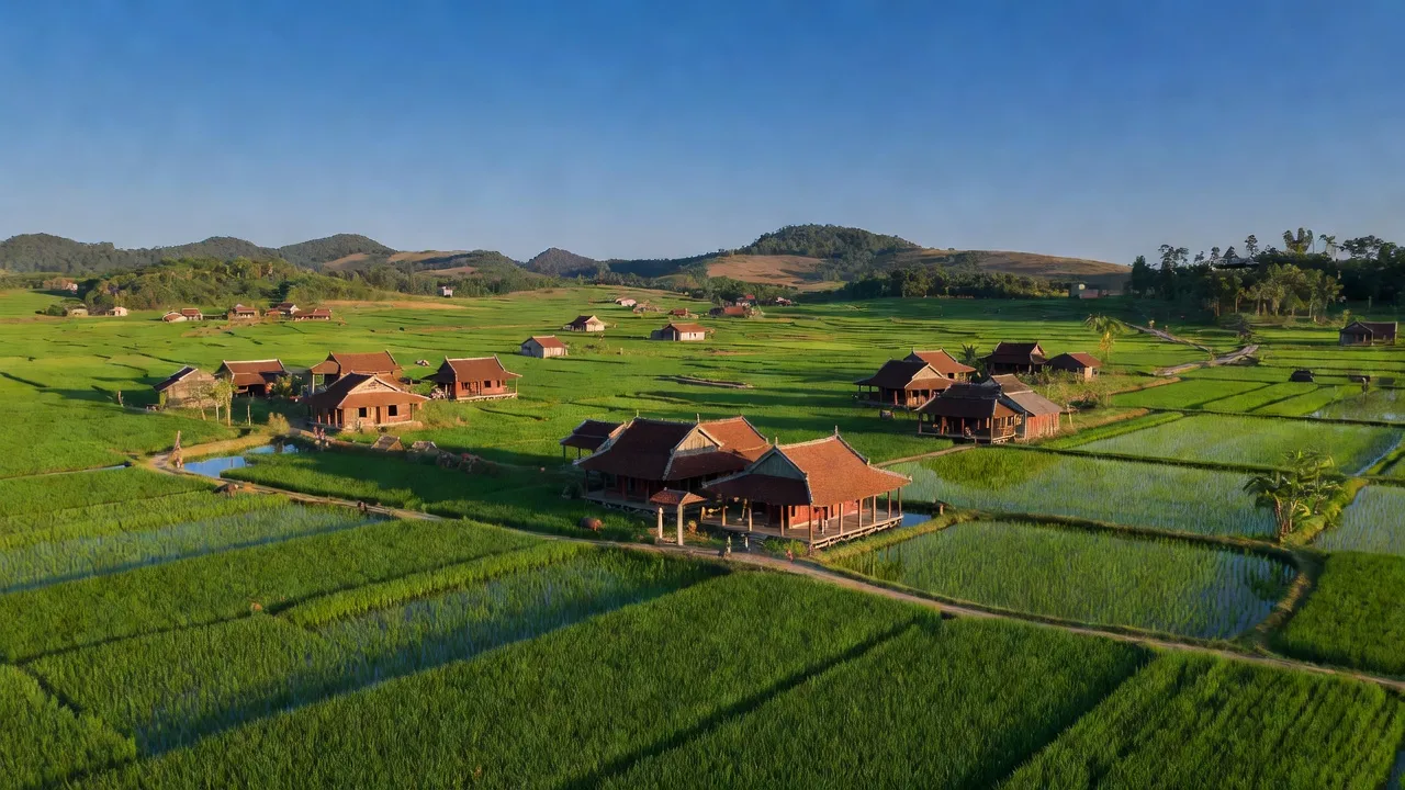 Cảnh quan huyện Thạch Thành, tỉnh Thanh Hóa với cánh đồng lúa, nhà truyền thống và đồi đẹp.