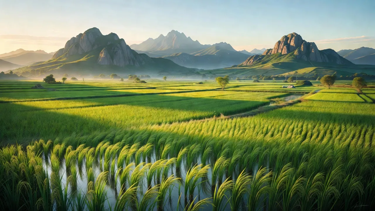 Quang cảnh huyện Thạch Thành, Thanh Hóa với đồng lúa và núi non hùng vĩ, thể hiện vẻ đẹp nông thôn Việt Nam.