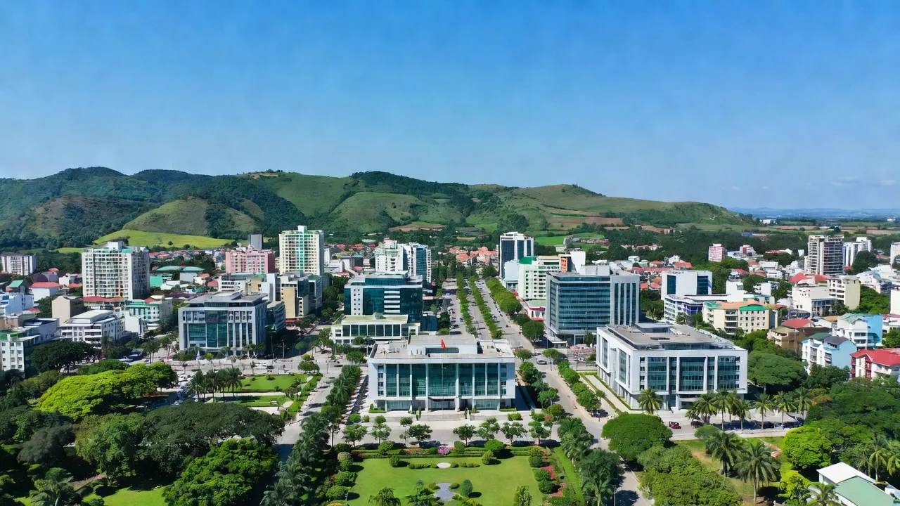 Cảnh quan thành phố Thanh Hóa, trung tâm hành chính tỉnh Thanh Hóa, với tòa nhà và cây xanh.
