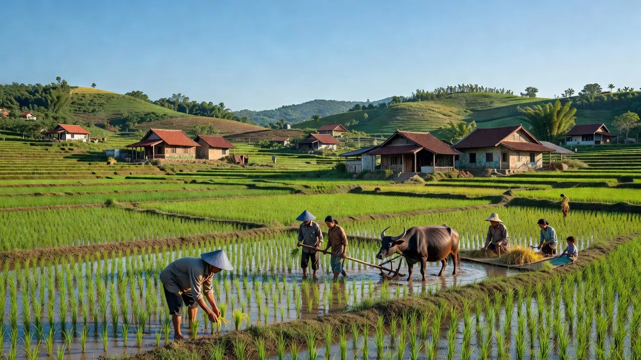 Thiệu Hóa district in Thanh Hóa, Vietnam, with rice fields and traditional houses under a clear blue sky.
