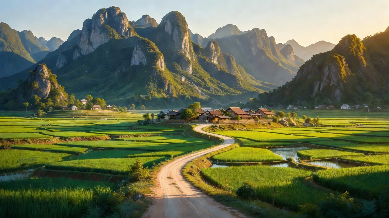 Cảnh quan huyện Thường Xuân, Thanh Hóa với núi non và cánh đồng xanh tươi, phản ánh văn hóa địa phương.