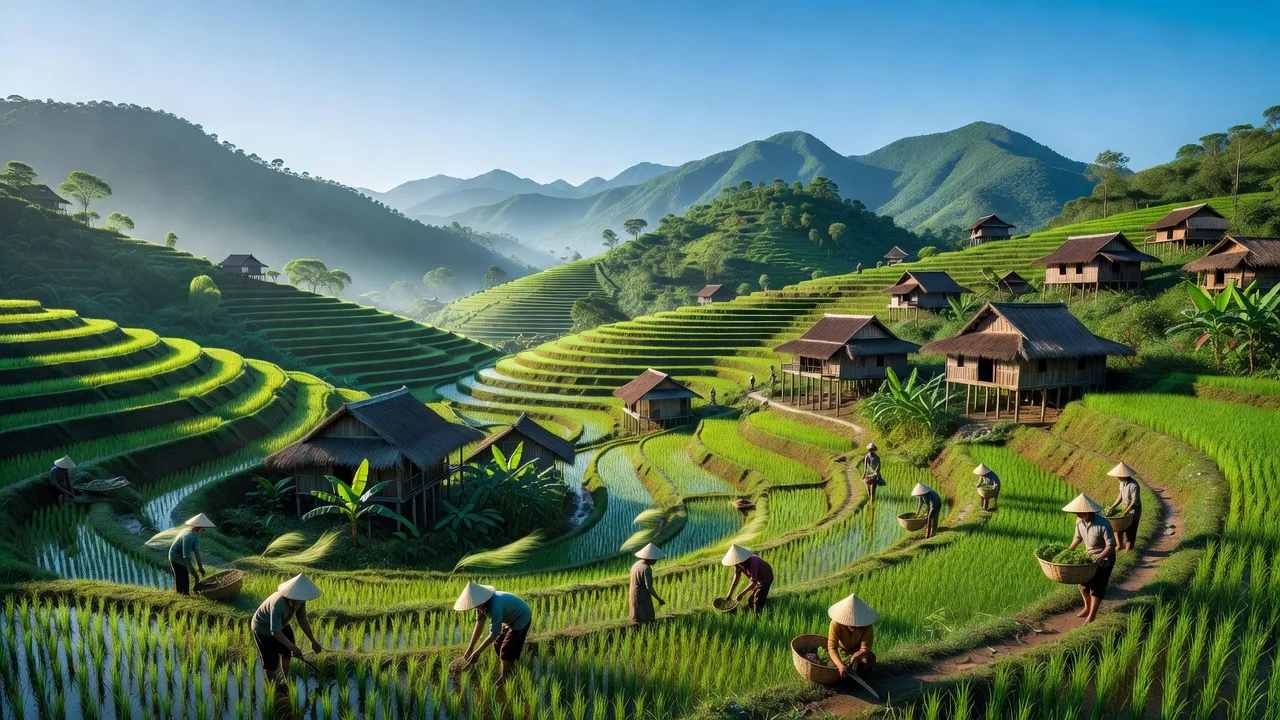 Cảnh quan núi rừng huyện Thường Xuân, Thanh Hóa với đồng ruộng và nhà cửa truyền thống.