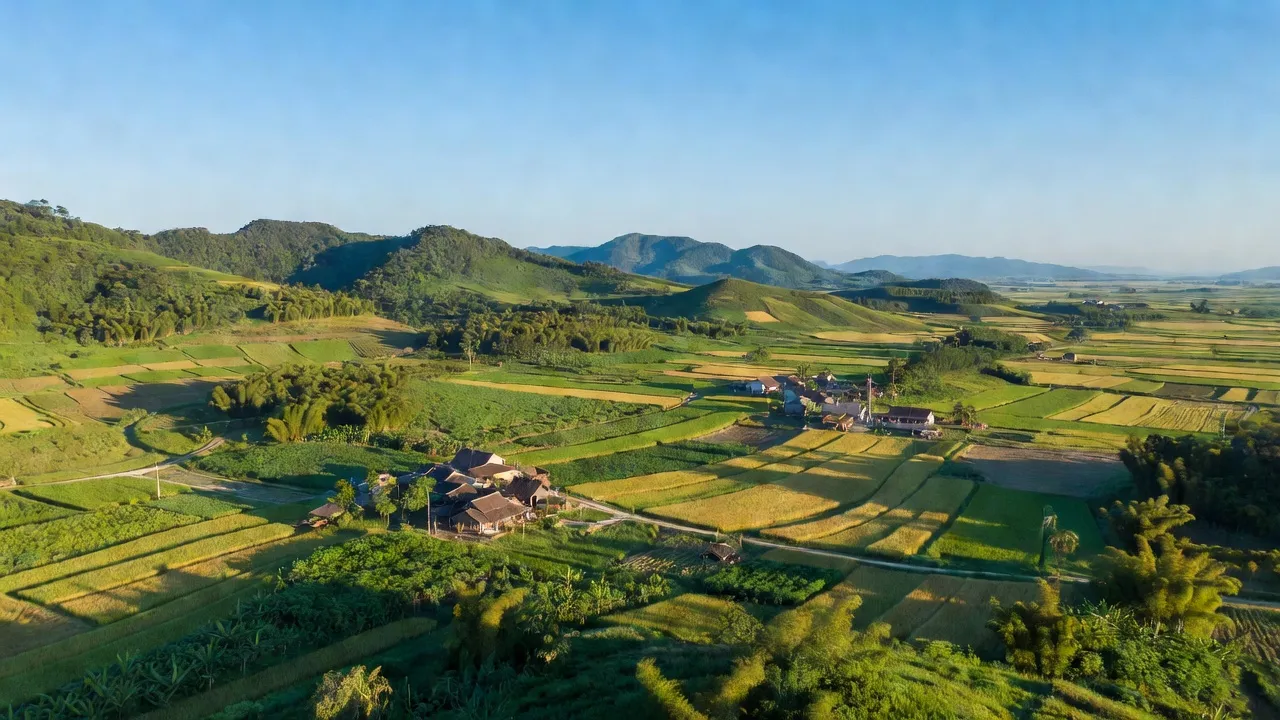 Landschaft Triệu Sơn, Thanh Hóa mit đồi núi, đồng ruộng, và bầu trời trong xanh.