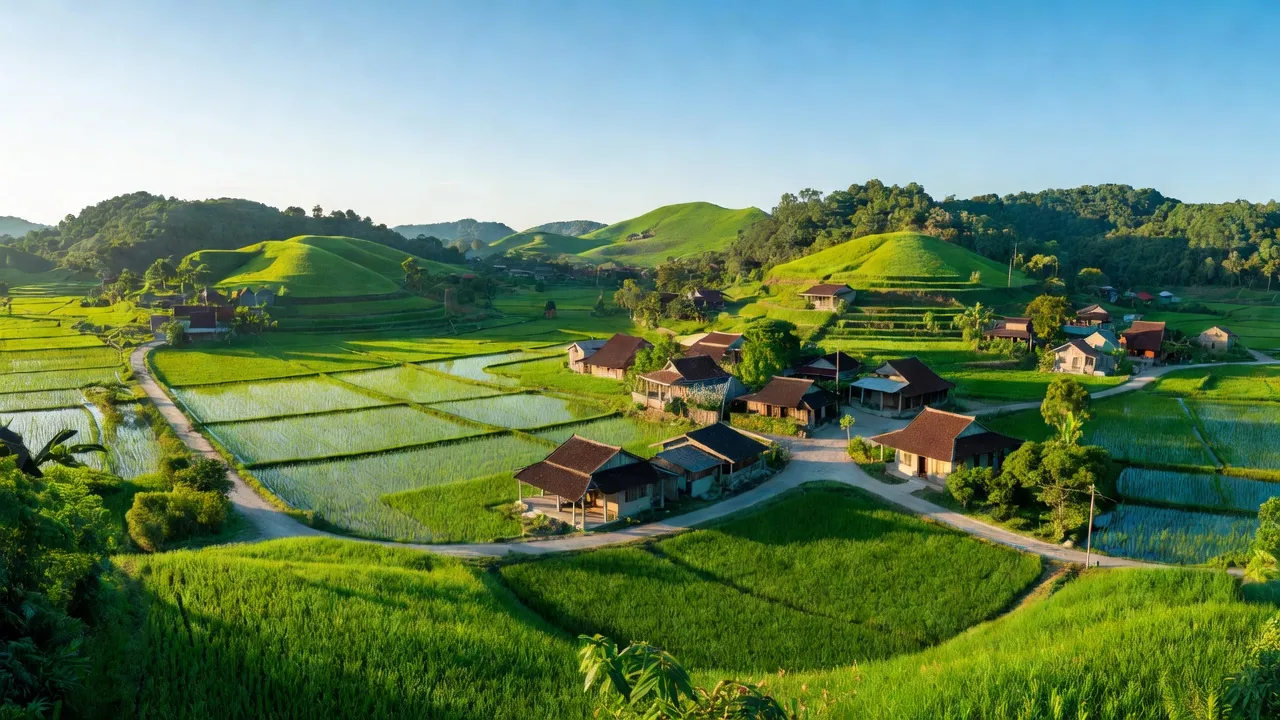 Toàn cảnh huyện Vĩnh Lộc, Thanh Hóa với cảnh sắc thiên nhiên xanh mát và nhà truyền thống.