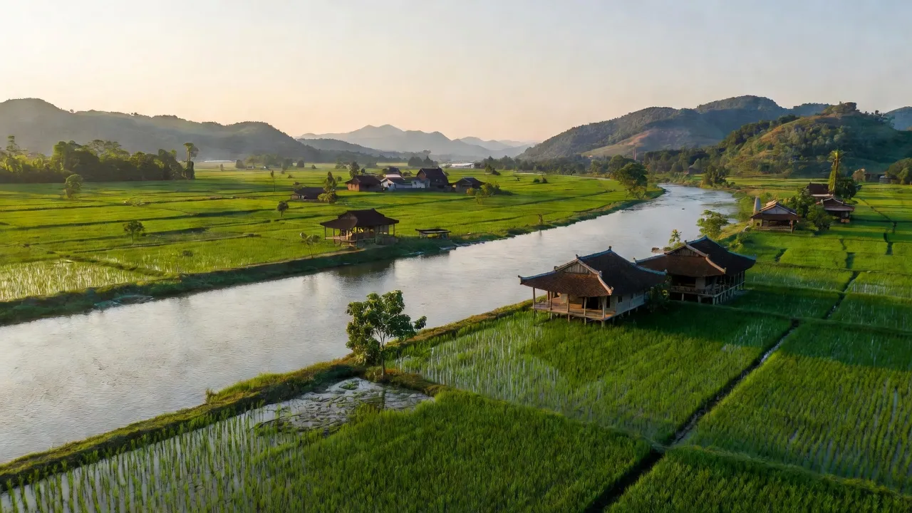 Cảnh huyện Yên Định, Thanh Hóa với sông Mã, đồng xanh, và nhà truyền thống, thể hiện vẻ đẹp nông thôn.