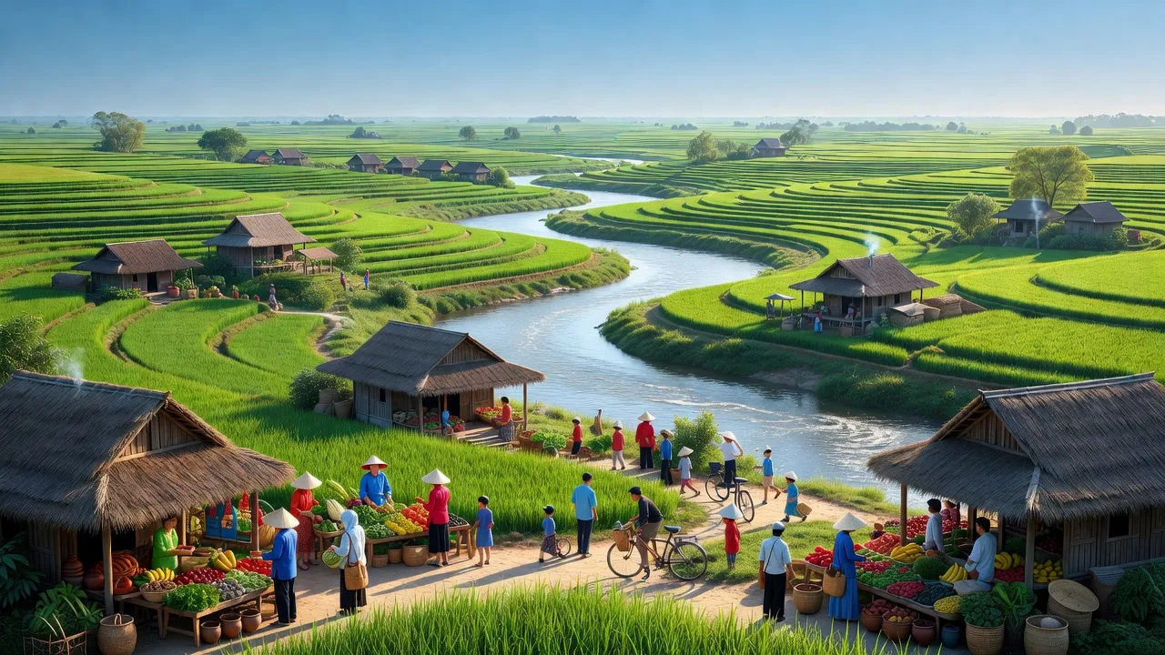 Khung cảnh huyện Yên Định, tỉnh Thanh Hóa với sông Mã và những cánh đồng xanh tươi.