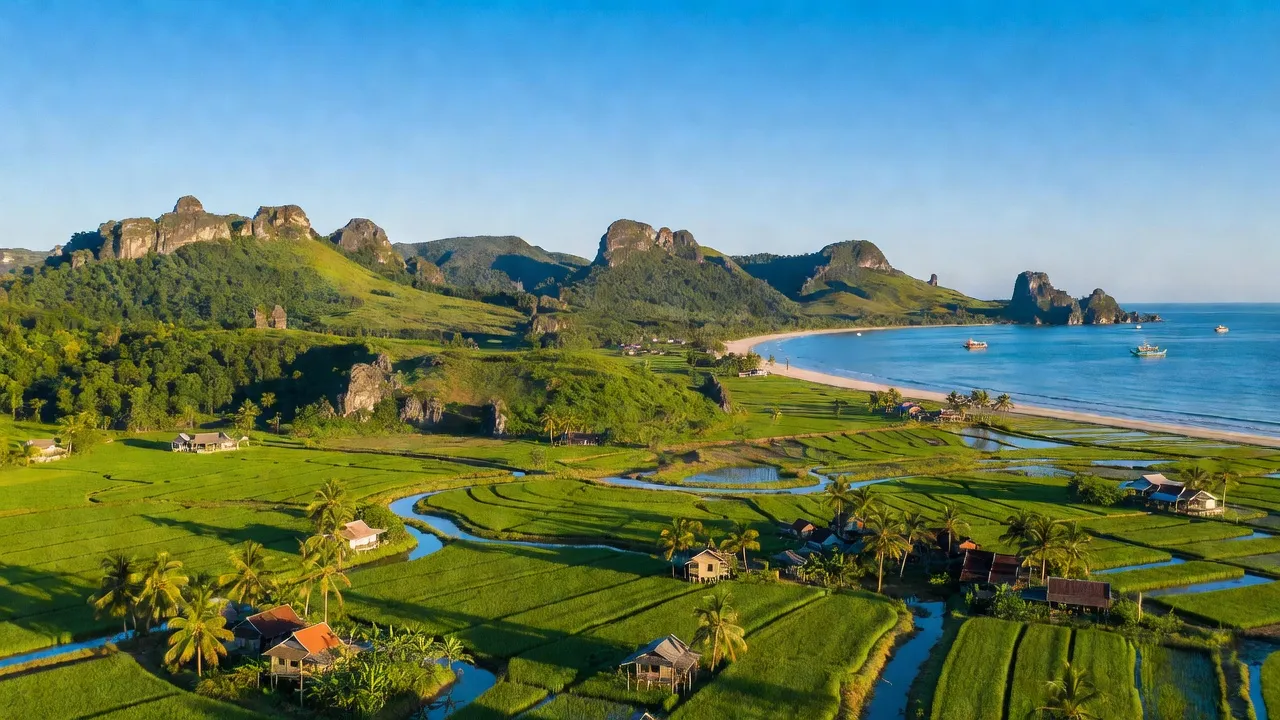 Khung cảnh thiên nhiên đa dạng của tỉnh Thanh Hóa với đồi núi, đồng bằng và bờ biển ở Việt Nam.