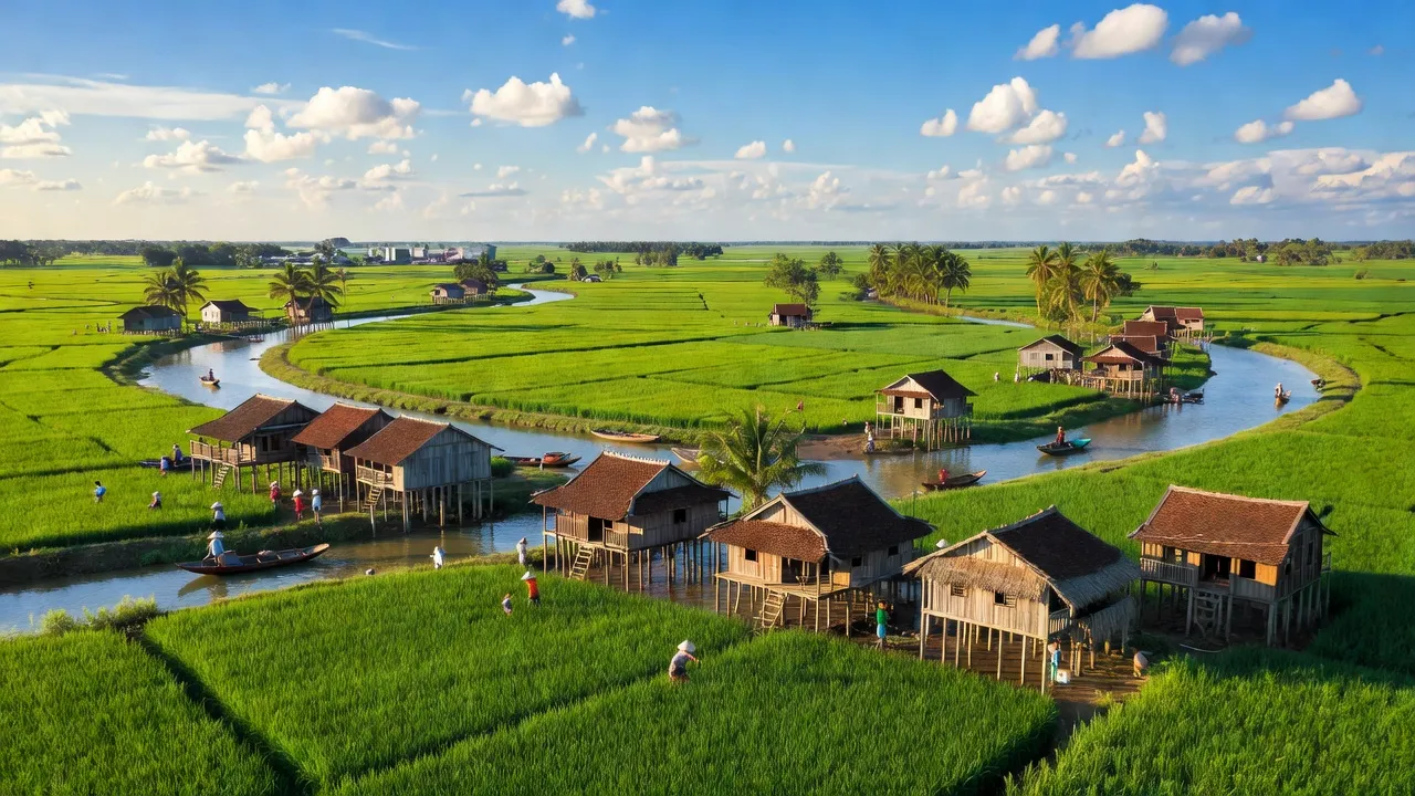 Cảnh huyện Cái Bè, Tiền Giang với cánh đồng xanh và dòng sông uốn khúc.