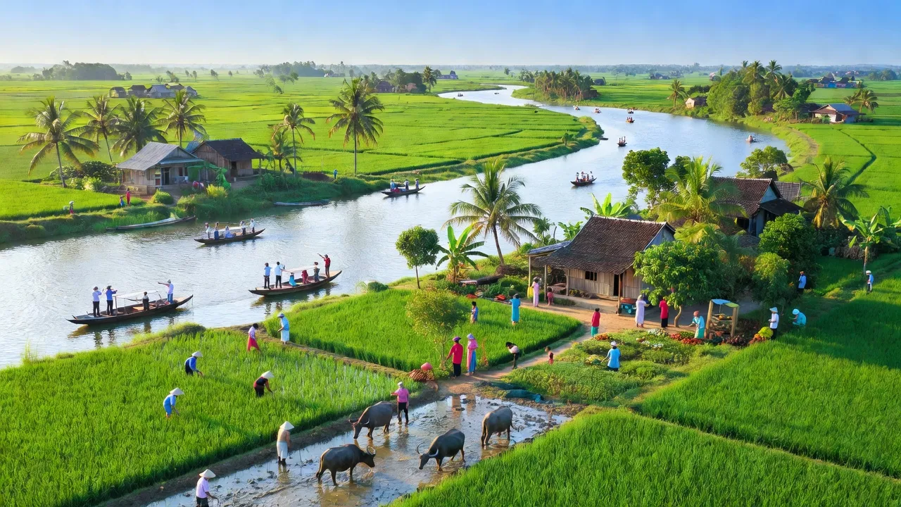 Khung cảnh huyện Cái Bè, tỉnh Tiền Giang với sông Tiền và đồng quê xanh mướt.