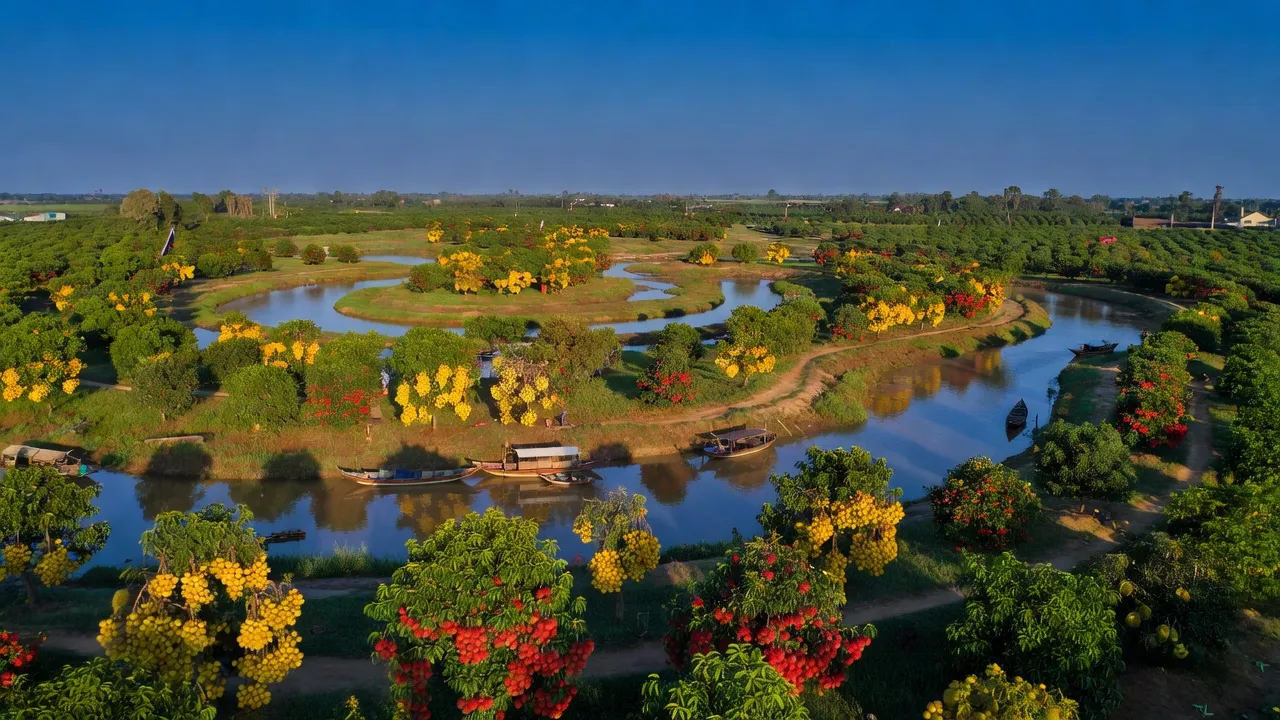 Cai Lậy, Tiền Giang: lush fruit orchards and winding rivers in a scenic landscape.