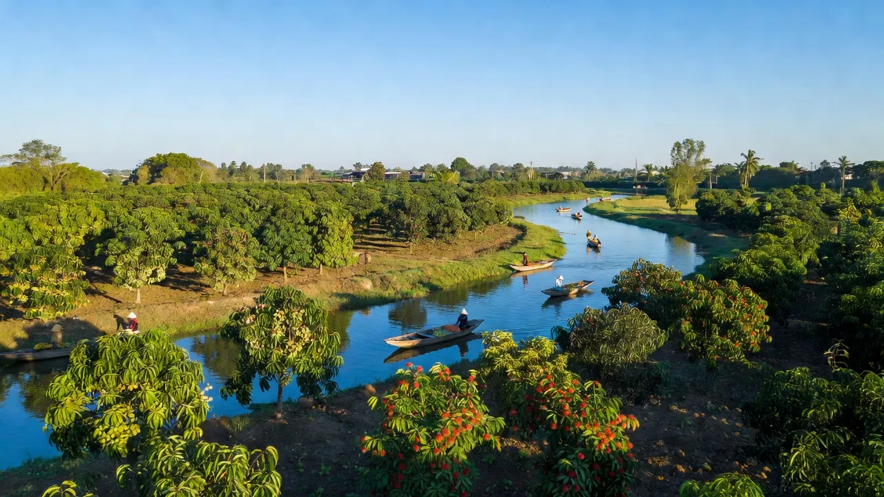 Khung cảnh huyện Cai Lậy, Tiền Giang với vườn cây ăn trái và sông ngòi, thể hiện nét đẹp nông thôn.