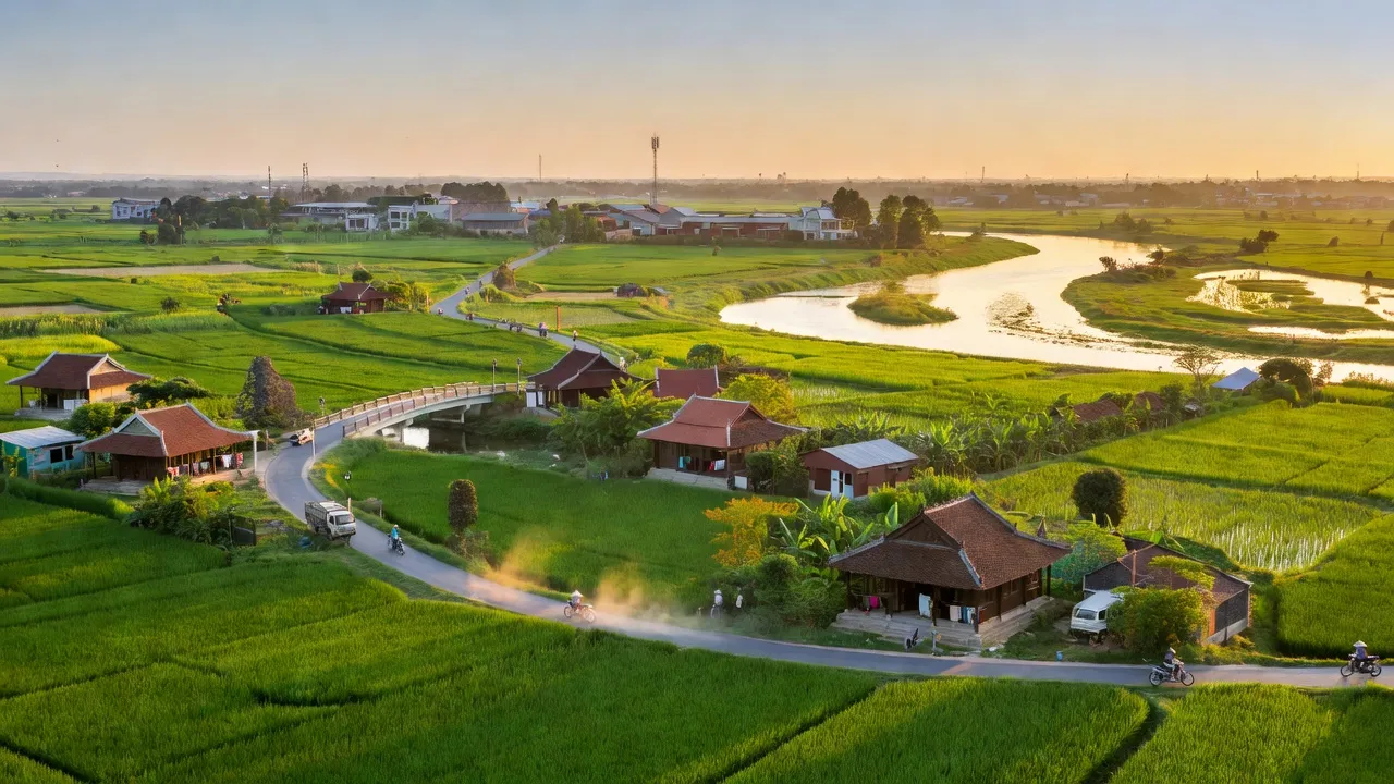 Khung cảnh huyện Châu Thành, Tiền Giang với cánh đồng xanh, kiến trúc Việt truyền thống và bầu trời trong xanh.