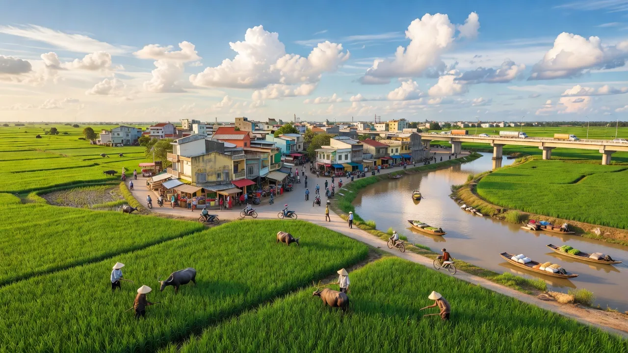 Khung cảnh huyện Châu Thành, Tiền Giang với cánh đồng xanh và thị trấn Tân Hiệp sôi động.