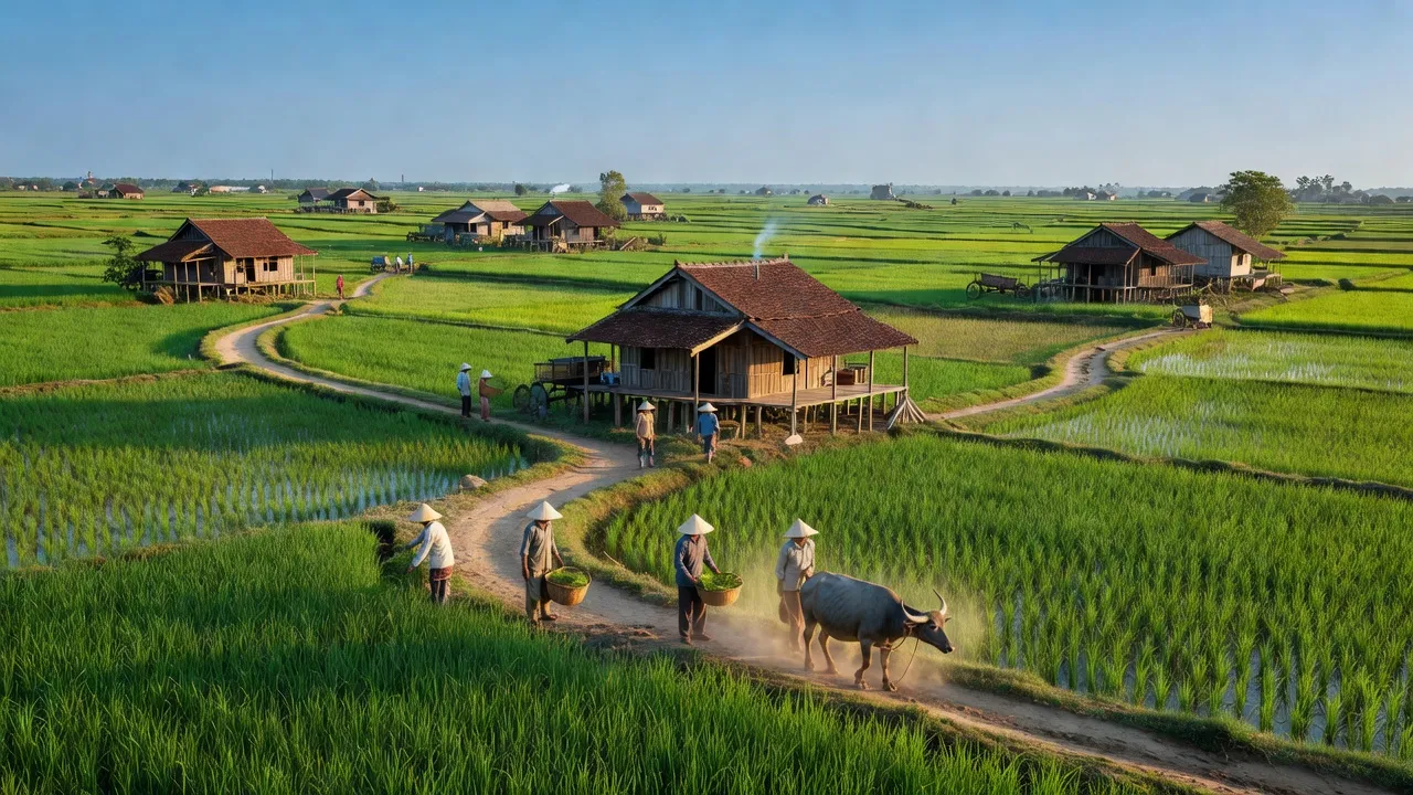 Cảnh đồng xanh huyện Chợ Gạo, Tiền Giang với nhà truyền thống và trời xanh, biểu tượng nông thôn.