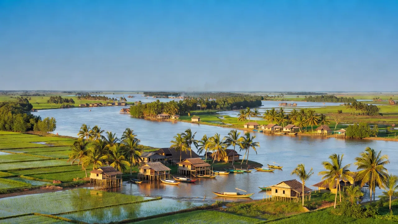 Khung cảnh huyện Gò Công Đông, Tiền Giang với bờ biển và các dòng sông đặc trưng của miền sông nước.
