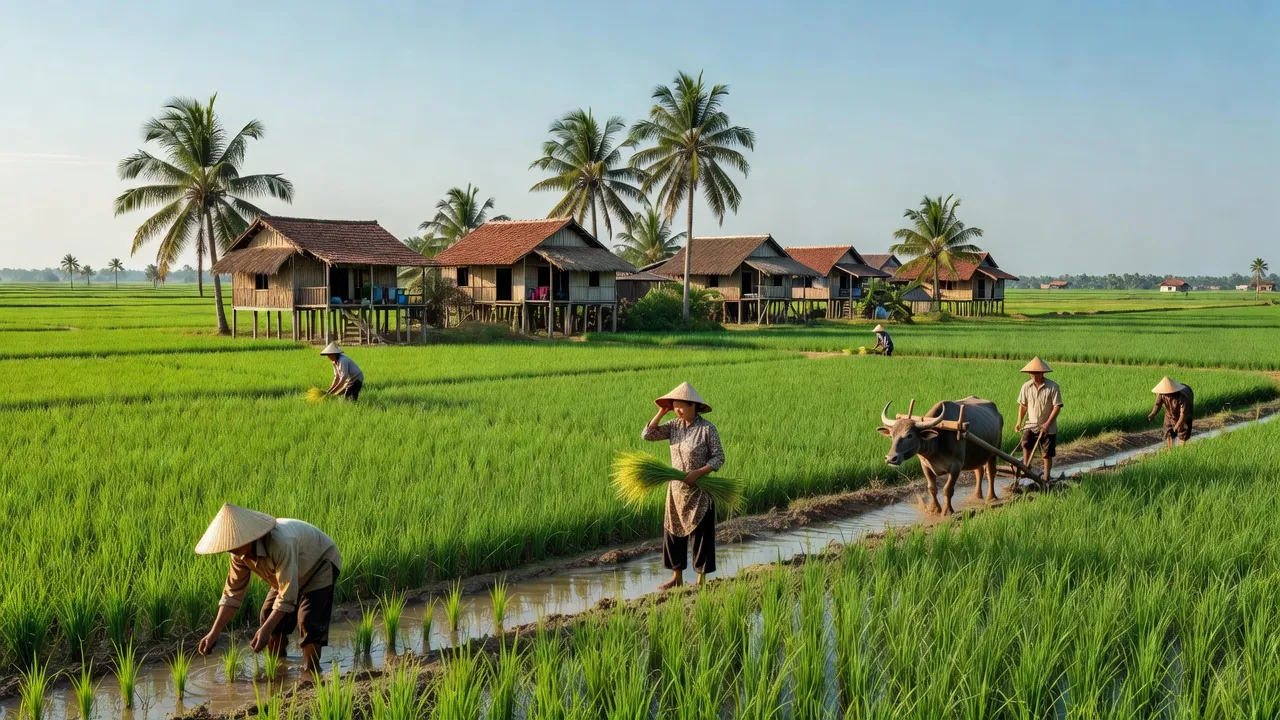 Cảnh đồng xanh và hoạt động nông nghiệp ở huyện Gò Công Tây, tỉnh Tiền Giang, Việt Nam.