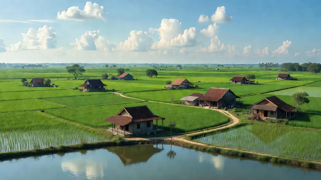 Cảnh quan Gò Công Tây, Tiền Giang với cánh đồng lúa xanh mướt và nhà truyền thống.