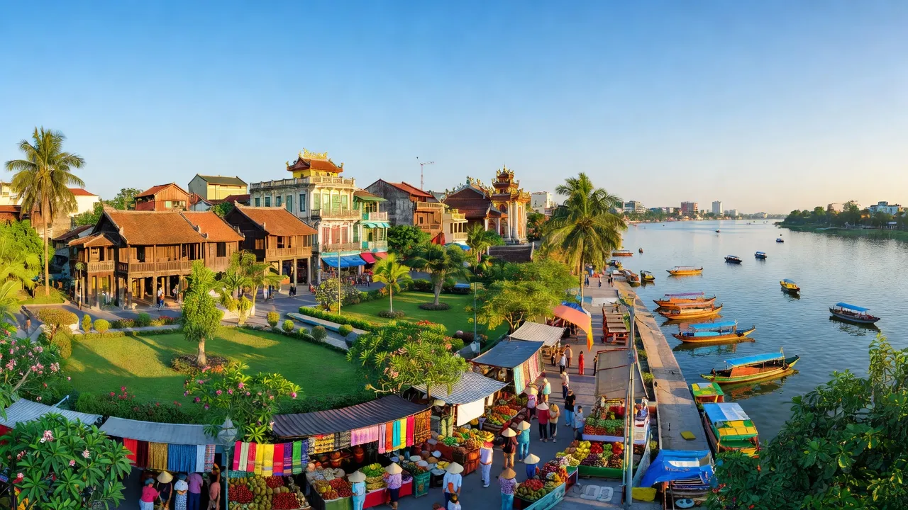 Khung cảnh thành phố Gò Công, Tiền Giang với kiến trúc truyền thống và cuộc sống sôi động.