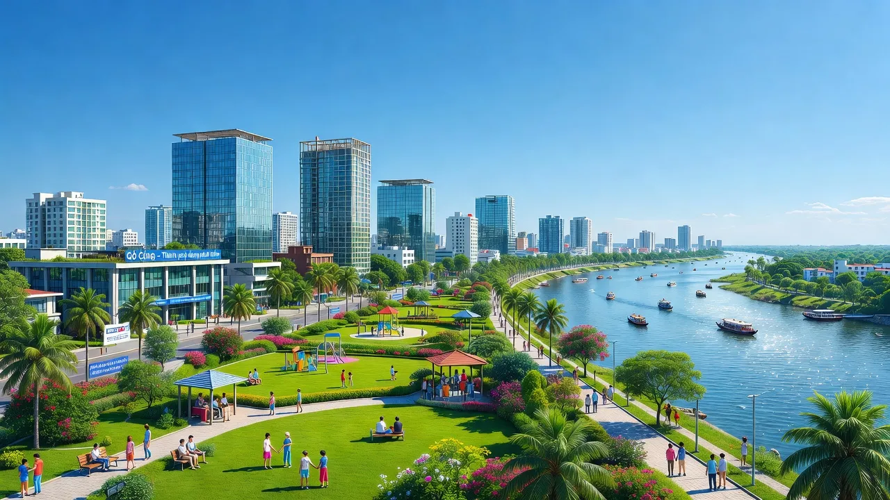 Thành phố Gò Công, Tiền Giang - cảnh quan đô thị và không gian xanh sinh động, phát triển mạnh mẽ.