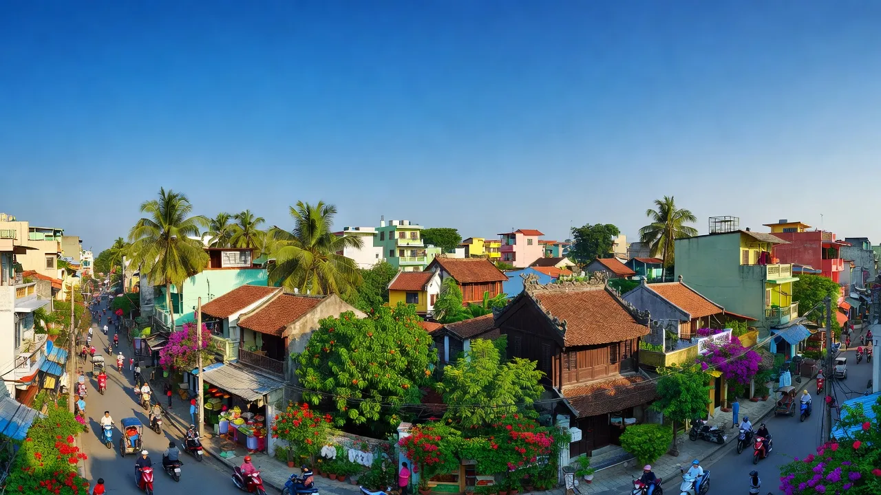Khung cảnh thành phố Mỹ Tho, Tiền Giang với đường phố sôi động và cây xanh tươi tốt.