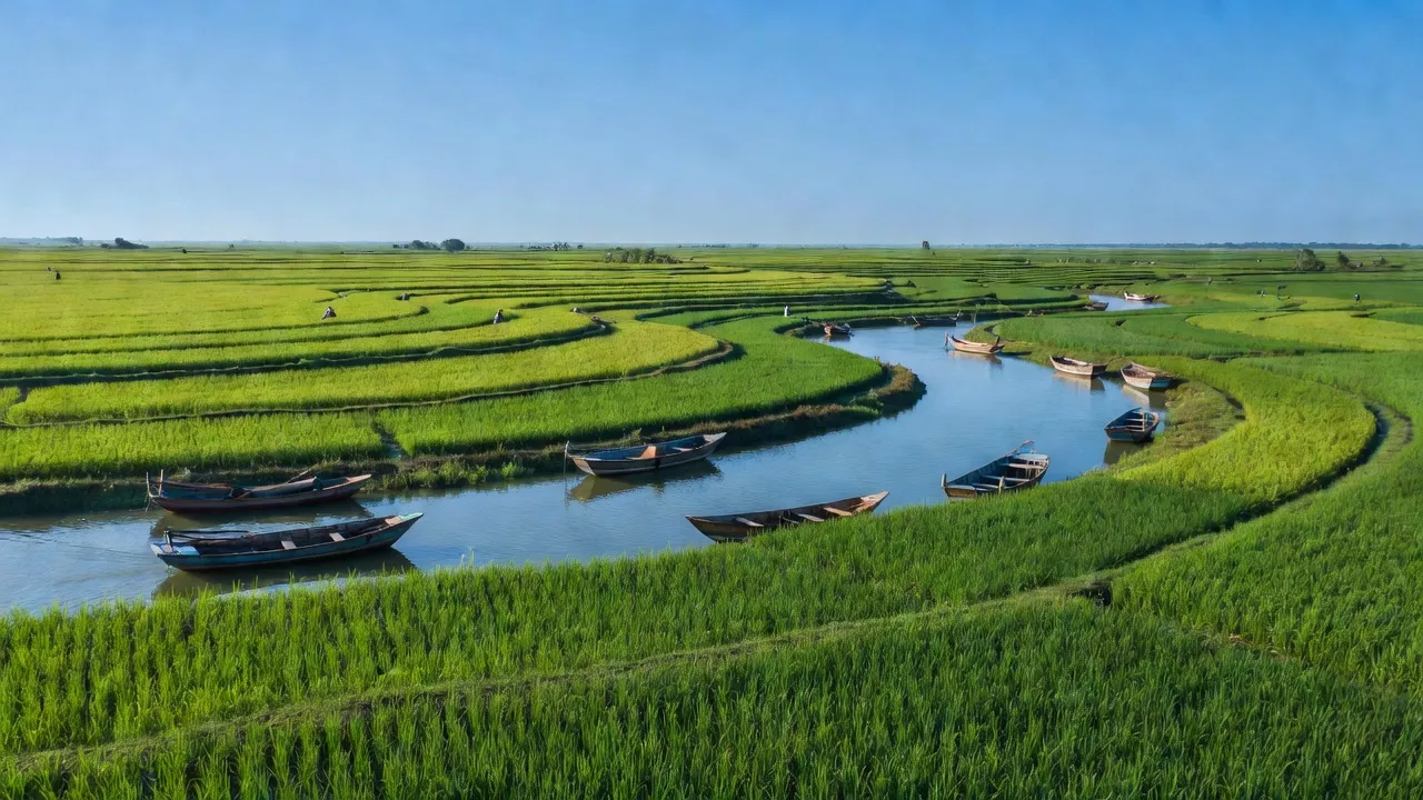 Cảnh đẹp huyện Tân Phú Đông, Tiền Giang với ruộng xanh, sông yên bình và thuyền đánh cá.