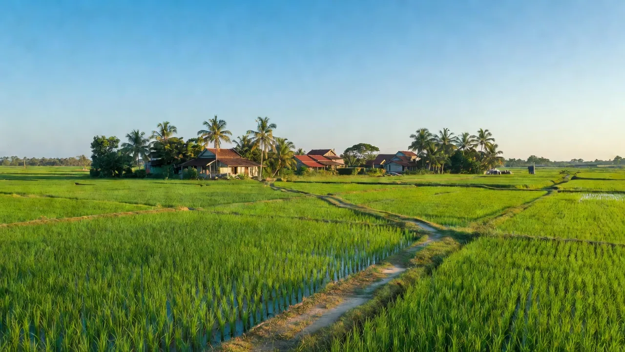 Cảnh đẹp huyện Tân Phước, Tiền Giang với cánh đồng xanh và nhà truyền thống Việt Nam.
