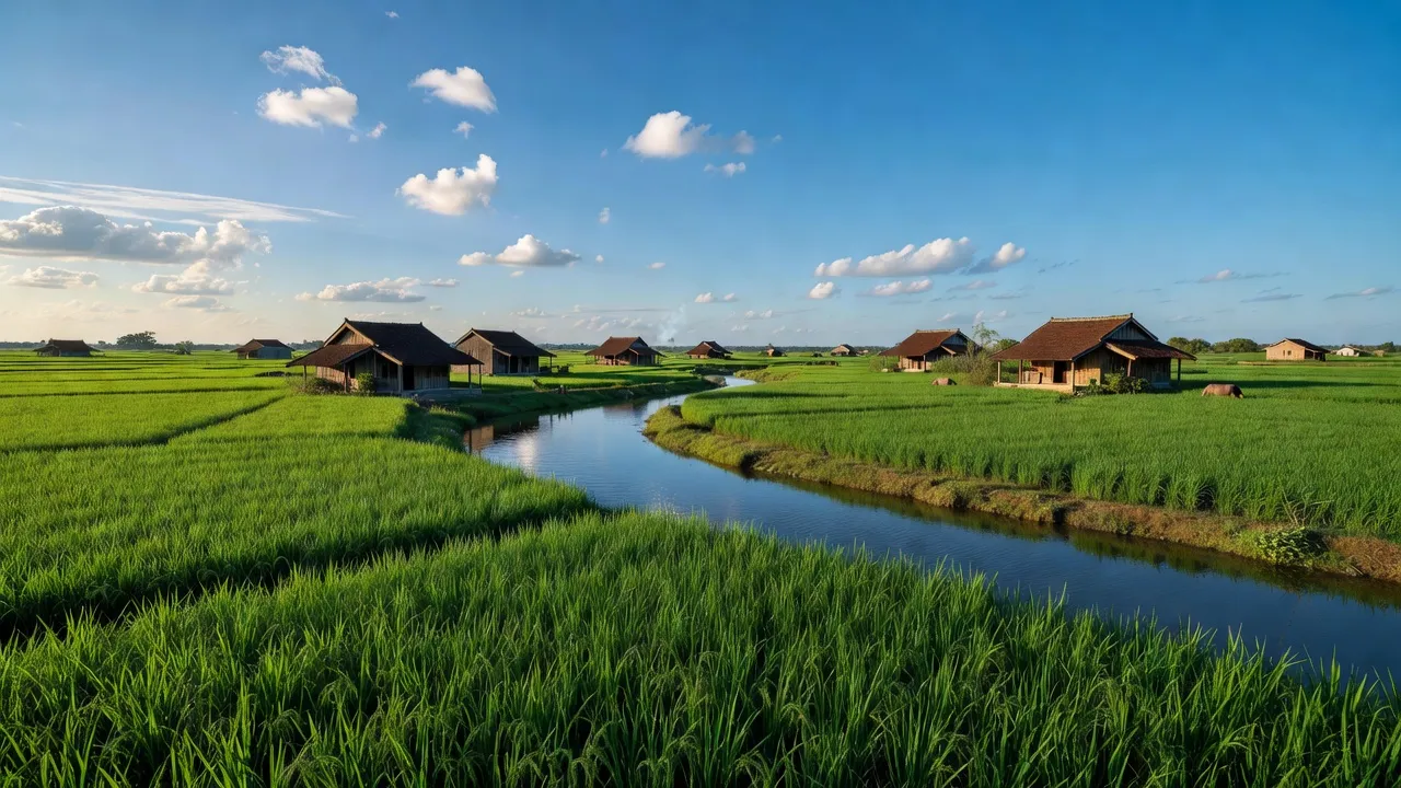 Khung cảnh huyện Tân Phước, Tiền Giang với cánh đồng xanh và nhà truyền thống, cảm nhận nông thôn.
