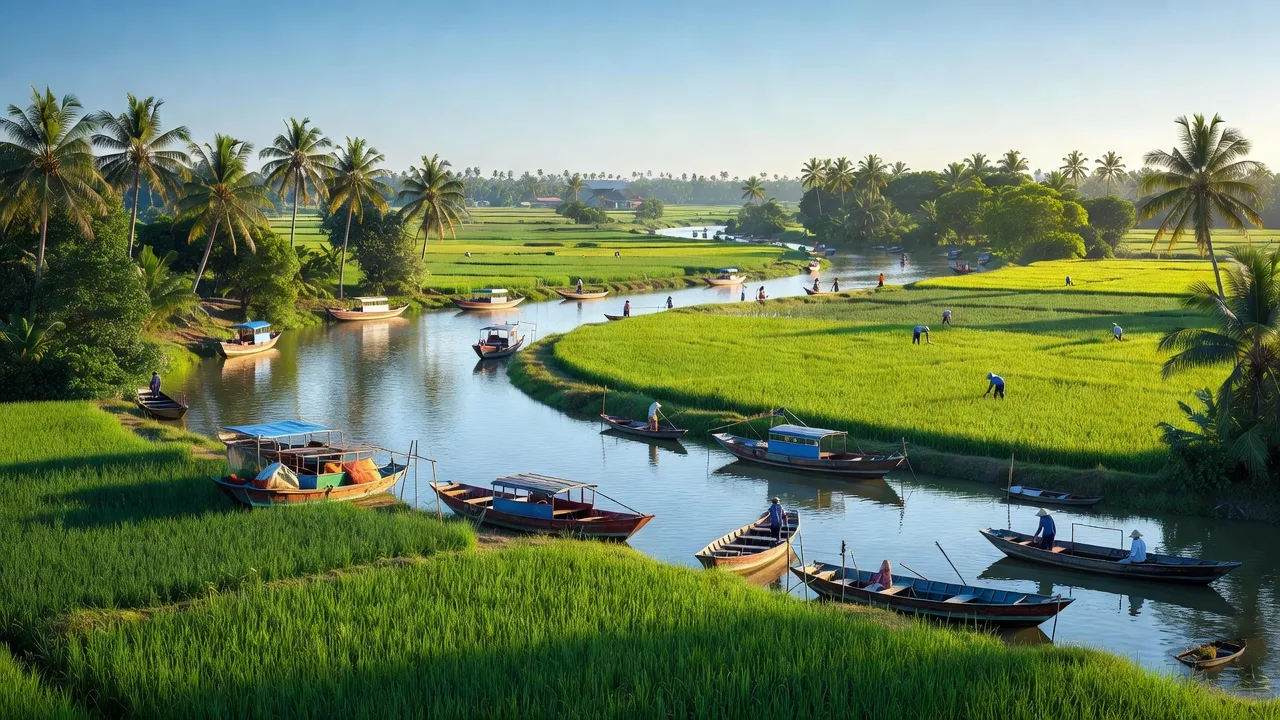Khung cảnh tươi đẹp của tỉnh Tiền Giang với sông nước và ruộng đồng, biểu trưng cho cuộc sống địa phương.