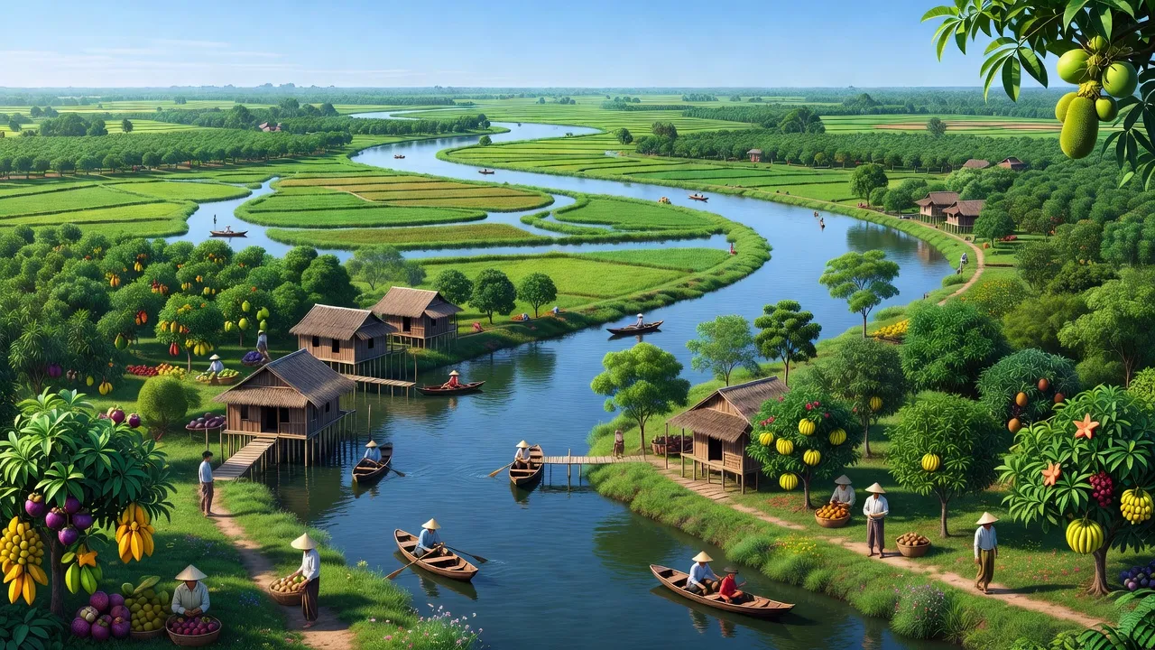 Phong cảnh tỉnh Tiền Giang với sông Tiền, kênh rạch và làng quê thanh bình, biểu tượng của miền Tây.