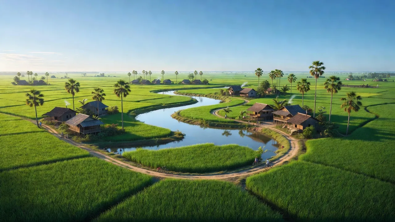 Cảnh sắc huyện Càng Long, Trà Vinh với đồng xanh, sông nước và đường giao thông thuận tiện.