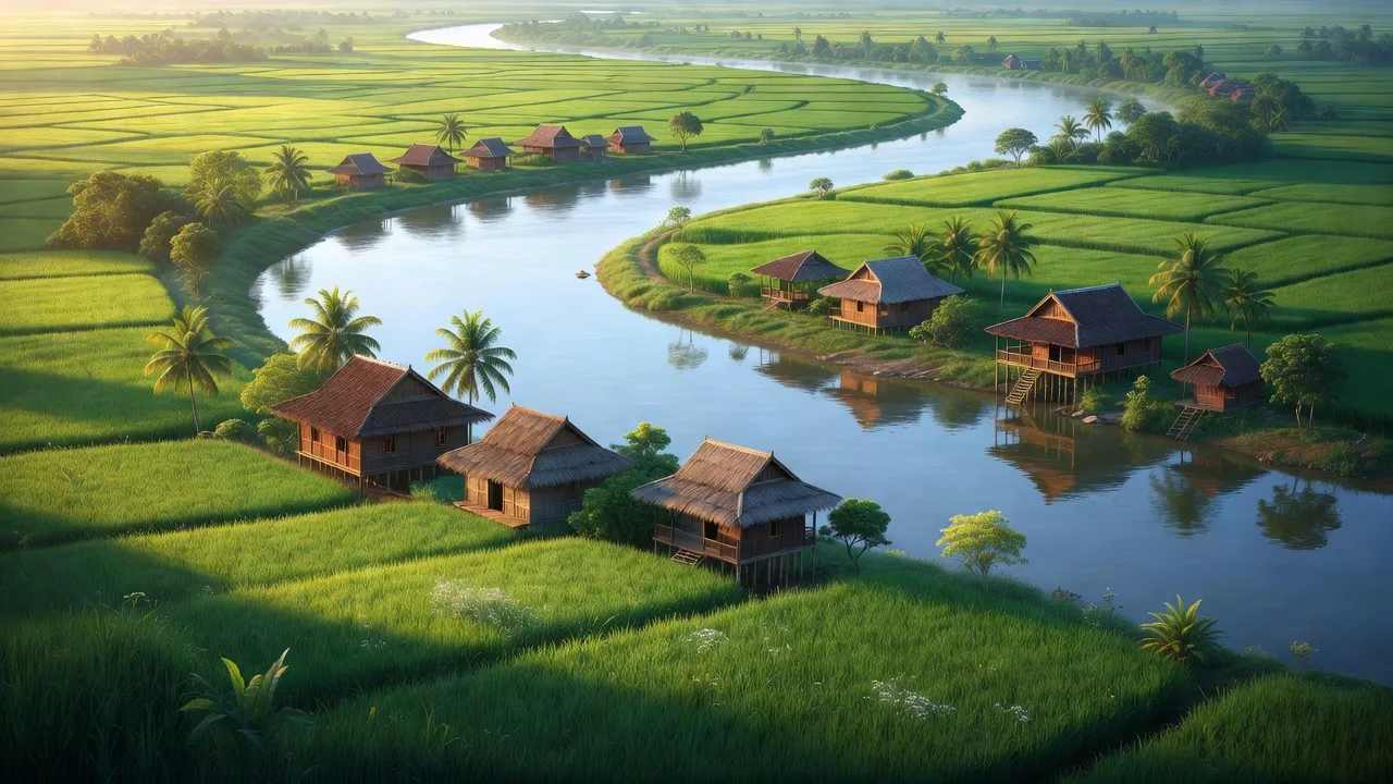Cảnh huyện Cầu Kè, Trà Vinh với đồng xanh, sông Hậu và nhà truyền thống ven sông.