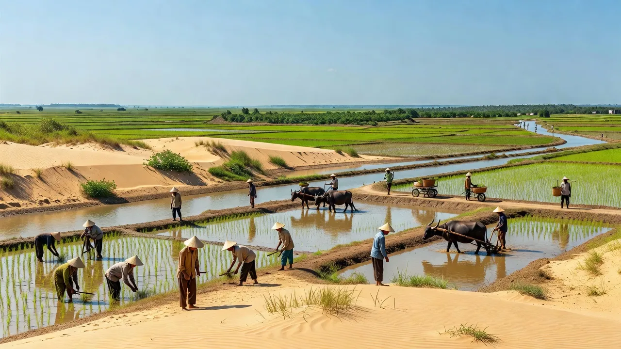 Cảnh đẹp huyện Châu Thành, tỉnh Trà Vinh với đồng bằng ven biển và giồng cát đặc trưng.