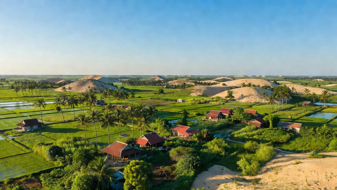 Phong cảnh huyện Châu Thành, Trà Vinh với đồng bằng ven biển và nhà truyền thống Việt Nam.