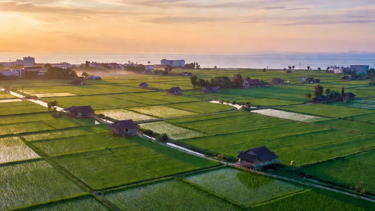 Toàn cảnh huyện Duyên Hải, Trà Vinh với khung cảnh biển Đông, cánh đồng xanh và nông thôn dân dã.