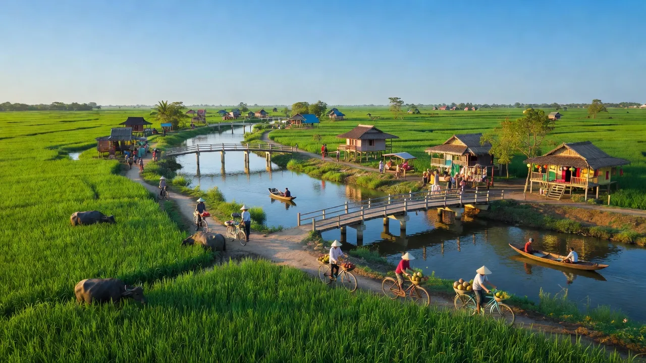 Khung cảnh huyện Tiểu Cần, Trà Vinh, sông Hậu xanh mát và cuộc sống nông thôn sôi động.